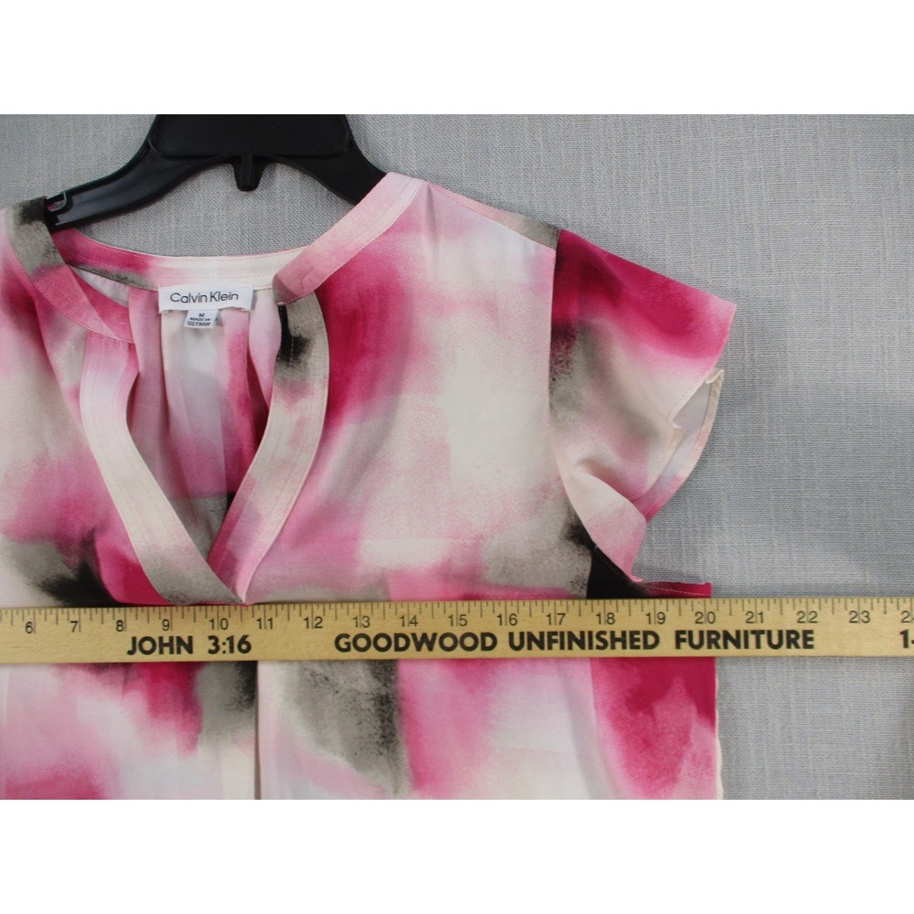 Calvin Klein Womens Pink Abstract Watercolor Flutter Sleeve Blouse Medium - Picture 6 of 10